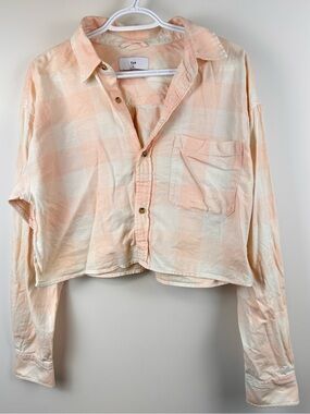 Aritzia TNA Cropped Plaid Button Up Shirt Peach Cream 100% Cotton Size M